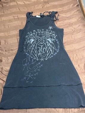 Harley-Davidson Black Tank Lace-Up Shoulder Mini Dress with Silver Graphic
